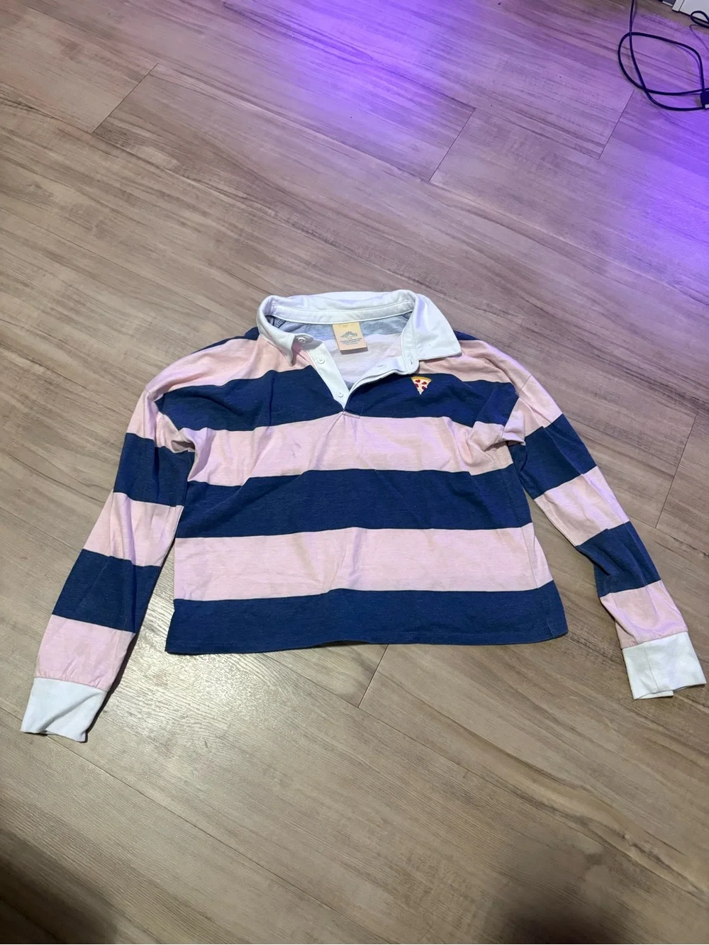 Girls Pink & Navy Striped Rugby Top with Contrast Collar